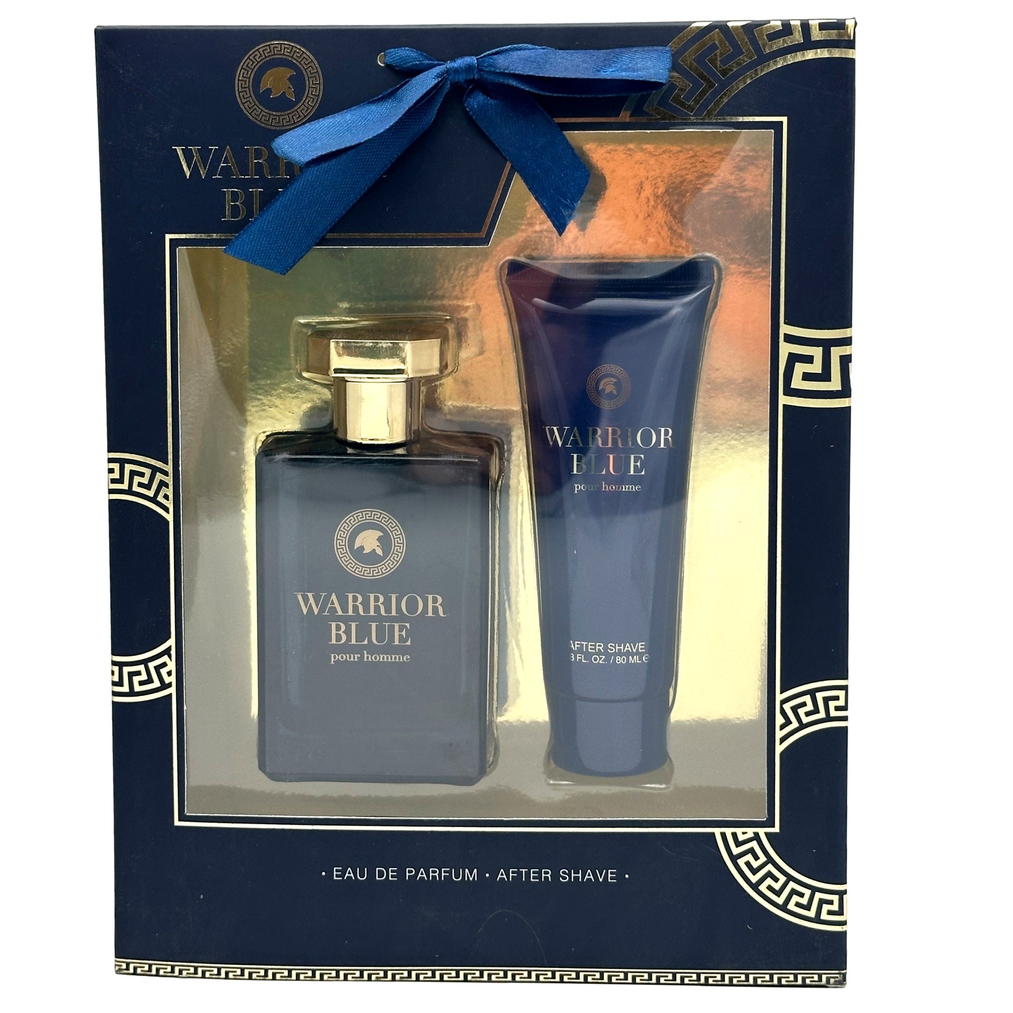Gift set for men with blue perfume bottle and aftershave.